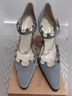 Christian Louboutin Gray Scalloped Satin Pointed-Toe Mary Jane Heels